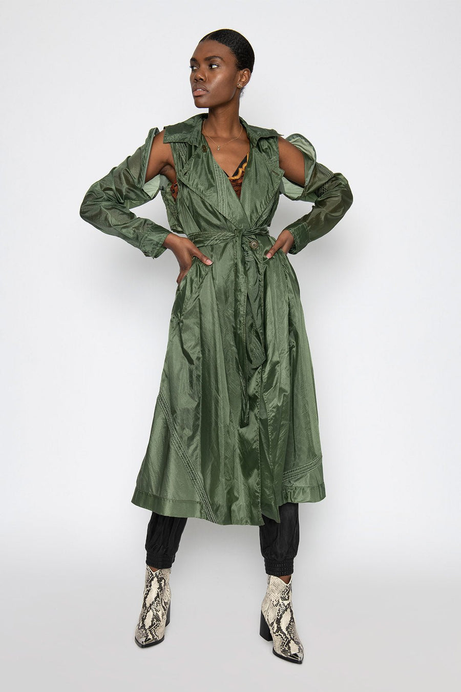 WONDERLAND UPCYCLED PARACHUTE TRENCH, GREEN - SAMPLE - Burning Torch Online Boutique