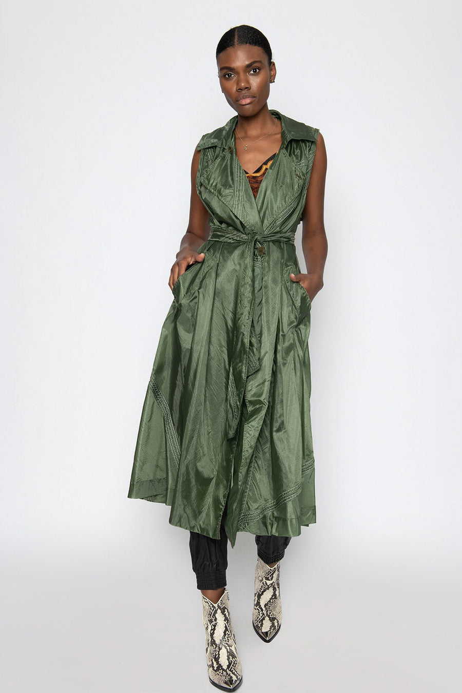 WONDERLAND UPCYCLED PARACHUTE TRENCH, GREEN - SAMPLE - Burning Torch Online Boutique